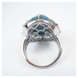 Sterling Silver Turquoise Cabochon Ring with Blue Topaz Halo and White Sapphire Accents - Size 8