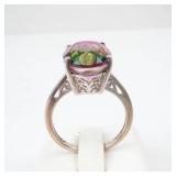 STS Sterling Silver Ring with Watermelon Tourmaline - Oval Gemstone, Size Nine