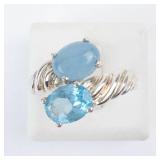 Italian Sterling Silver Ring With Two Blue Gemstones -Blue Topaz & Blue Jade? Cabochon and Faceted. Ring Size 7