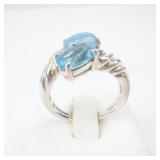Italian Sterling Silver Ring With Two Blue Gemstones -Blue Topaz & Blue Jade? Cabochon and Faceted. Ring Size 7
