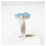 Italian Sterling Silver Ring With Two Blue Gemstones -Blue Topaz & Blue Jade? Cabochon and Faceted. Ring Size 7