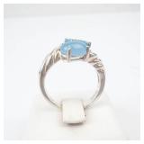 Italian Sterling Silver Ring With Two Blue Gemstones -Blue Topaz & Blue Jade? Cabochon and Faceted. Ring Size 7