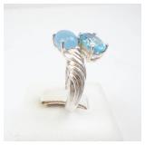 Italian Sterling Silver Ring With Two Blue Gemstones -Blue Topaz & Blue Jade? Cabochon and Faceted. Ring Size 7