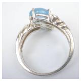 Italian Sterling Silver Ring With Two Blue Gemstones -Blue Topaz & Blue Jade? Cabochon and Faceted. Ring Size 7