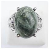Seraphinite & CZ Sterling Silver Green Oval Cabochon Ring - Size 7