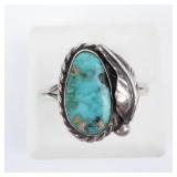 Turquoise Cabochon Ring in Sterling Silver - Size 7.75, Rope Border