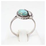 Turquoise Cabochon Ring in Sterling Silver - Size 7.75, Rope Border