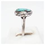 Turquoise Cabochon Ring in Sterling Silver - Size 7.75, Rope Border