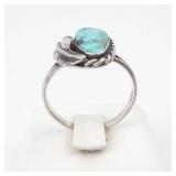 Turquoise Cabochon Ring in Sterling Silver - Size 7.75, Rope Border
