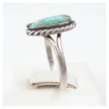 Turquoise Cabochon Ring in Sterling Silver - Size 7.75, Rope Border