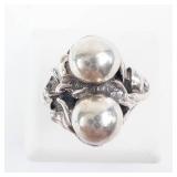Vintage Art Nouveau Two-Orb Floral Ring - Sterling Silver, Size 6.5