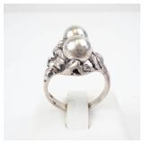Vintage Art Nouveau Two-Orb Floral Ring - Sterling Silver, Size 6.5