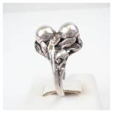 Vintage Art Nouveau Two-Orb Floral Ring - Sterling Silver, Size 6.5