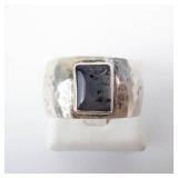 Sterling Silver Moss Agate Ring - Hammered Band, Square Bezel, Size 12.5