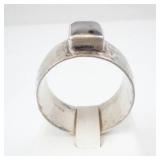Sterling Silver Moss Agate Ring - Hammered Band, Square Bezel, Size 12.5