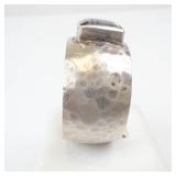 Sterling Silver Moss Agate Ring - Hammered Band, Square Bezel, Size 12.5