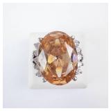 Topaz? & CZ Silver Ring - Oval Center Stone with Halo, Size 6 3/4