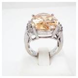 Topaz? & CZ Silver Ring - Oval Center Stone with Halo, Size 6 3/4