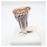 Topaz? & CZ Silver Ring - Oval Center Stone with Halo, Size 6 3/4