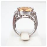 Topaz? & CZ Silver Ring - Oval Center Stone with Halo, Size 6 3/4