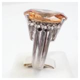 Topaz? & CZ Silver Ring - Oval Center Stone with Halo, Size 6 3/4