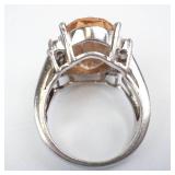 Topaz? & CZ Silver Ring - Oval Center Stone with Halo, Size 6 3/4