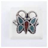 Navajo Turquoise and Coral Inlay Butterfly Ring in Sterling Silver - Size 7.5