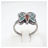 Navajo Turquoise and Coral Inlay Butterfly Ring in Sterling Silver - Size 7.5