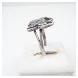 Navajo Turquoise and Coral Inlay Butterfly Ring in Sterling Silver - Size 7.5