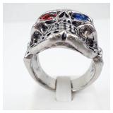 Gothic Skull Ring with Created Sapphire and Ruby Eyes - Size 15