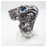 Gothic Skull Ring with Created Sapphire and Ruby Eyes - Size 15