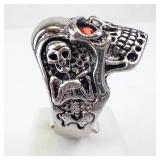 Gothic Skull Ring with Created Sapphire and Ruby Eyes - Size 15