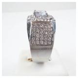 CZ & Rhinestone Silver Tone Cocktail Ring - Size 13