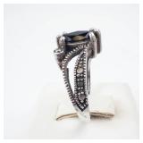 Sterling Silver Black Onyx & Marcasite Ring - Size Five