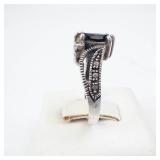 Sterling Silver Black Onyx & Marcasite Ring - Size Five