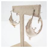 Sterling Silver Dolphin Dangle Earrings - 925 Stamp, Hinged Bar Pair