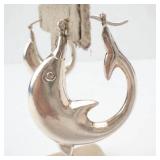 Sterling Silver Dolphin Dangle Earrings - 925 Stamp, Hinged Bar Pair