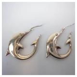 Sterling Silver Dolphin Dangle Earrings - 925 Stamp, Hinged Bar Pair