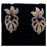 Marcasite & Onyx Heart Starburst Earrings - Sterling Silver