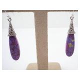Purple Mojave Turquoise Teardrop Dangle Earrings with Silver Caps