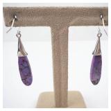 Purple Mojave Turquoise Teardrop Dangle Earrings with Silver Caps