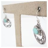 Sterling Silver Turquoise Cabochon Filigree Drop Earrings - Pair