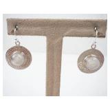 Moonstone Cabochon in Sterling Silver Circle Earrings - Hammered Disc