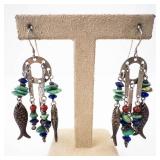 Sterling Silver Fish Earrings with Turquoise, Coral & Lapis Beads - 925