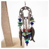 Sterling Silver Fish Earrings with Turquoise, Coral & Lapis Beads - 925