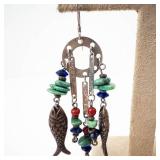 Sterling Silver Fish Earrings with Turquoise, Coral & Lapis Beads - 925