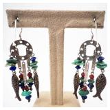 Sterling Silver Fish Earrings with Turquoise, Coral & Lapis Beads - 925