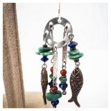Sterling Silver Fish Earrings with Turquoise, Coral & Lapis Beads - 925