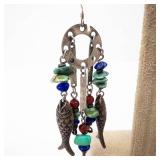 Sterling Silver Fish Earrings with Turquoise, Coral & Lapis Beads - 925