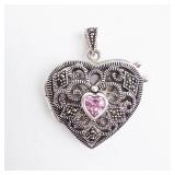 Sterling Silver Heart Locket Pendant with Pink Heart Gemstone